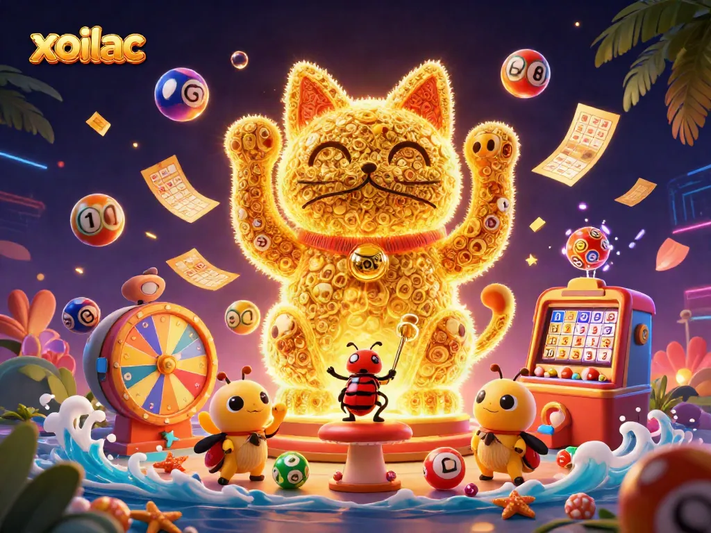 Experience the thrill of xoilac with a dynamic lucky cat illustration celebrating casino symbols.