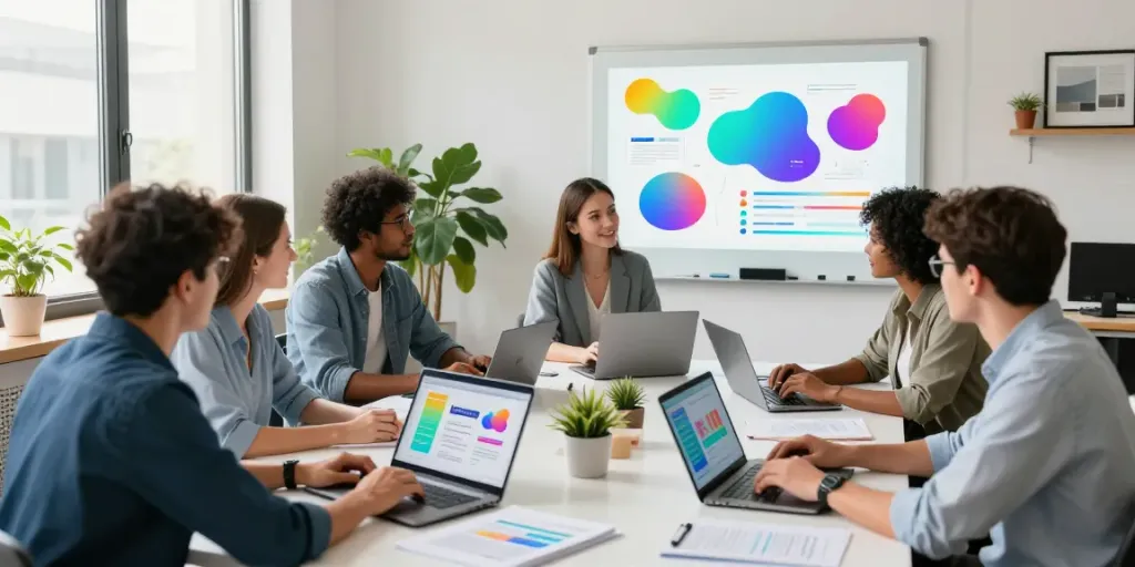 Team brainstorming to advertise software to businesses in a modern office.
