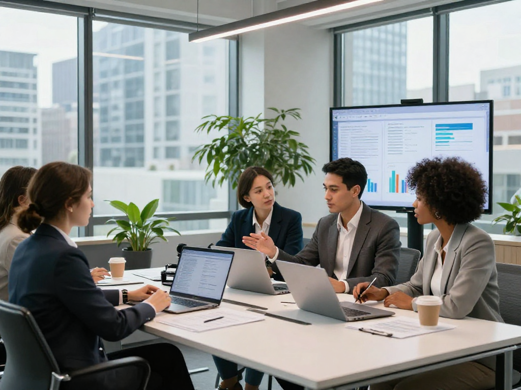 Professionele teamleden in kantooromgeving bespreken zakelijke lening opties met grafieken en financiële gegevens.