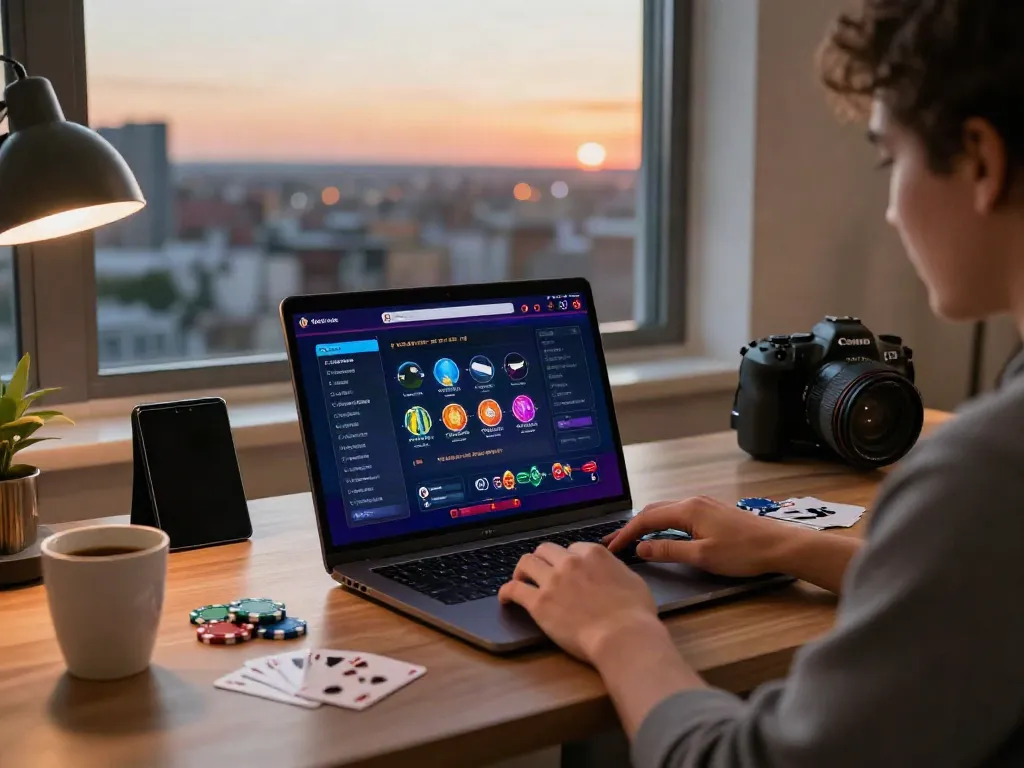 Experience online casinos that accept credit cards in a contemporary home office with vibrant decor and engaging gaming elements.