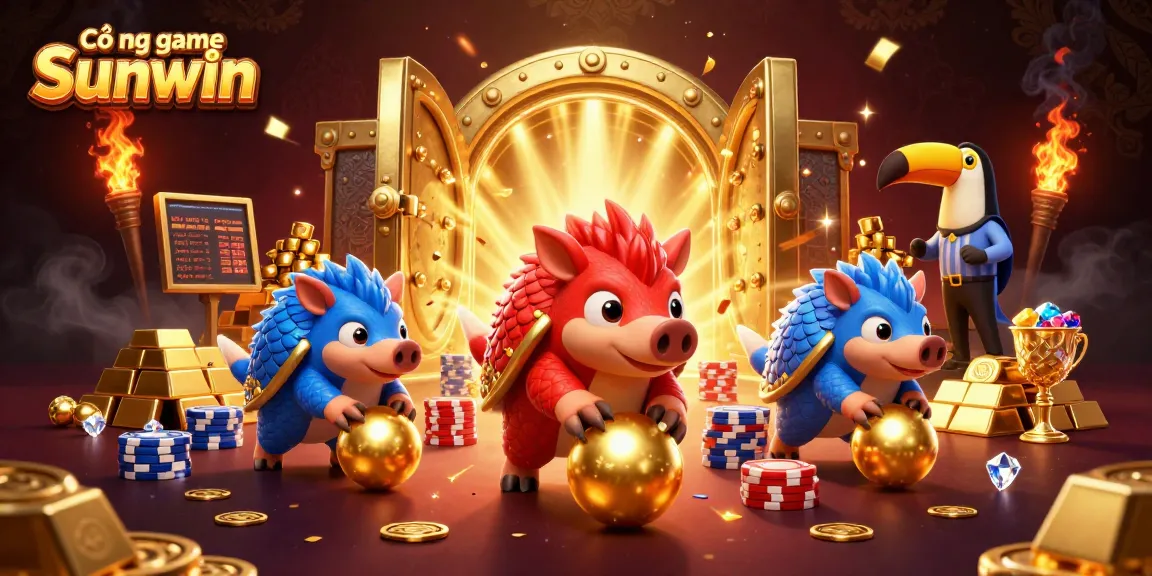Cổng game Sunwin features rival pangolins competing in a vibrant casino scene with golden elements and poker chips.