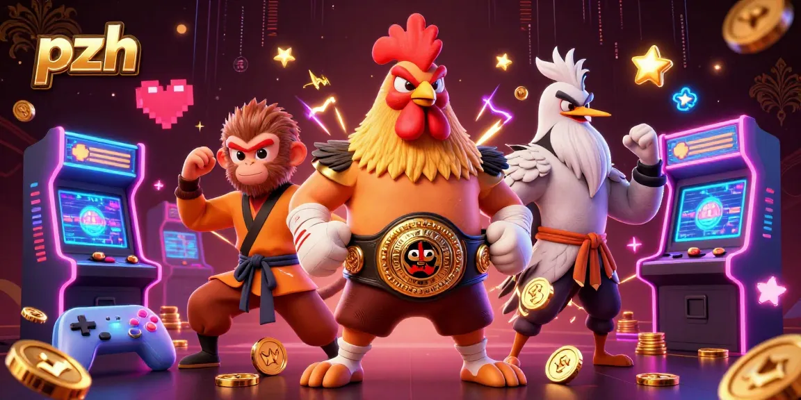 Engage with the vibrant pzh scene featuring a Muay Thai rooster, Shaolin monkey, and crane master surrounded by arcade games.