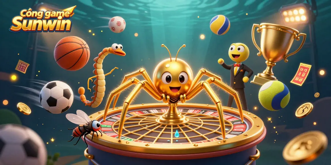 Experience excitement at Cổng game Sunwin with a dynamic, colorful casino-themed illustration featuring a spinning roulette web.