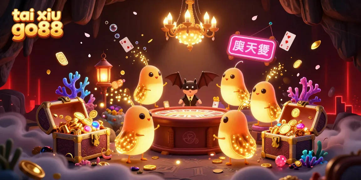 Tai xiu go88 illuminates a fantasy casino scene with glowworms and treasure chests, enhancing the gaming atmosphere.