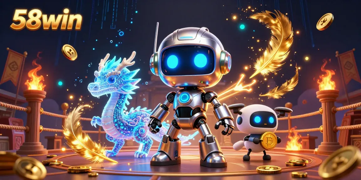 Experience the thrill of 58win as a cyberpunk robot mascot and AI dragon explore a vibrant gambling scene.