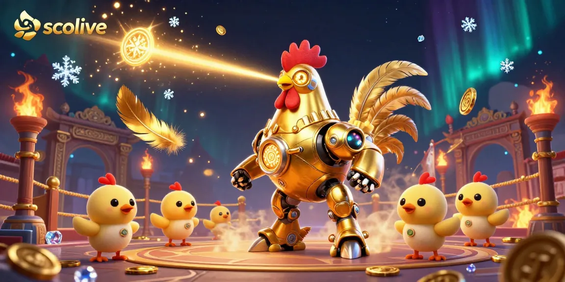 Socolive showcases a thrilling scene with a golden rooster robot and baby chicks in a dynamic casino setting.