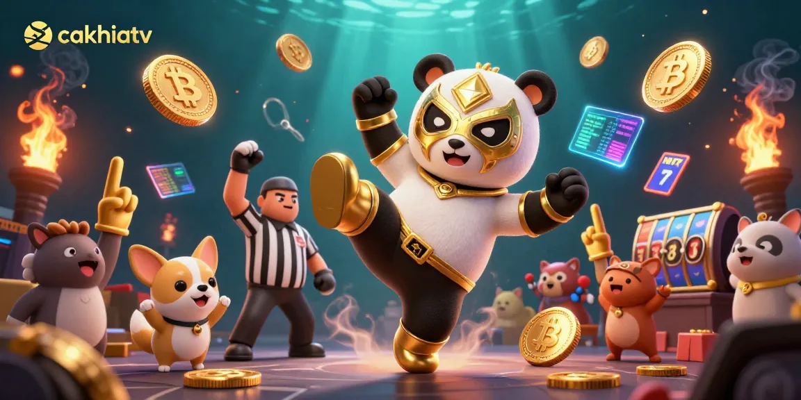 Cakhiatv showcases an exciting gambling scene with a flying kick by a wrestler panda amidst vibrant casino elements.