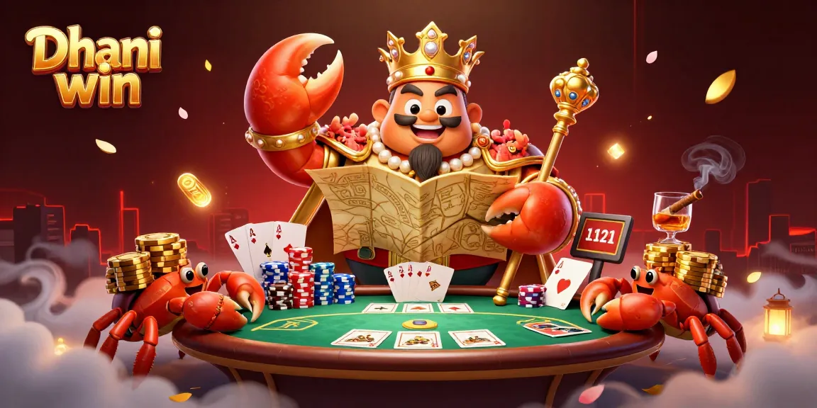 Dhani win presents a colorful casino scene with a golden crab and poker elements, showcasing exciting gameplay.