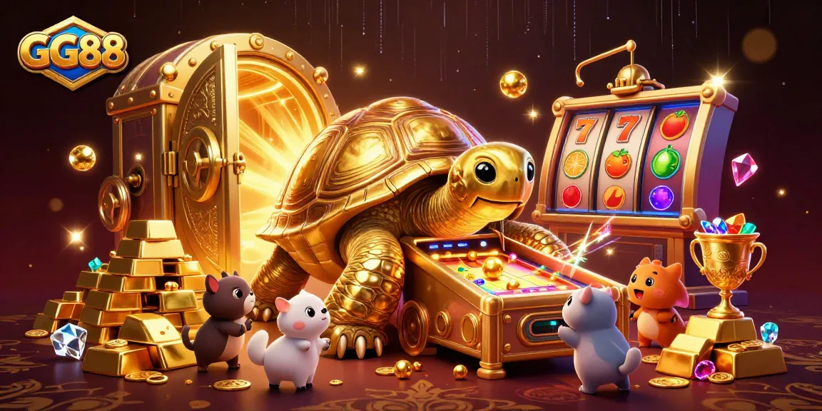 Engage in thrilling gameplay at GG88 with a vibrant scene of a golden tortoise pinball, animals, and treasures.