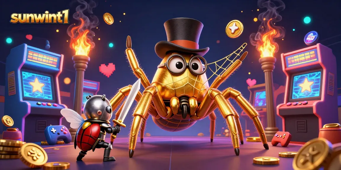 Experience sunwint1's gaming thrill with a golden tarantula and beetle knight in a vibrant casino setting.