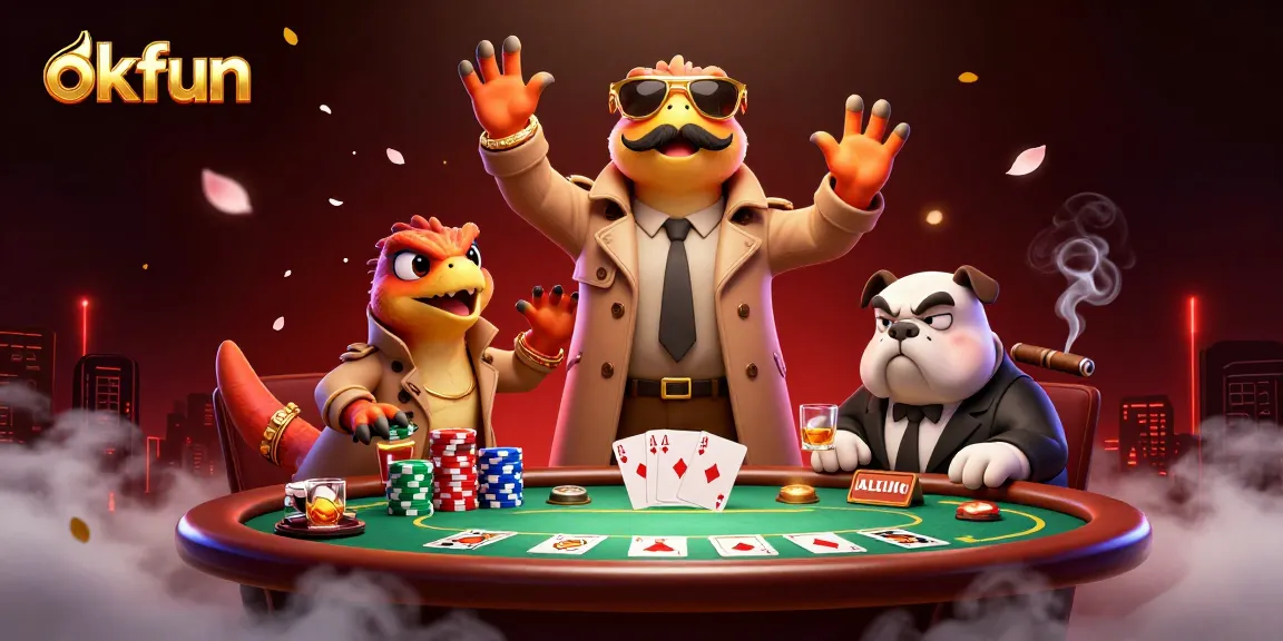 Engage in thrilling poker at okfun with a humorous twist featuring raptors and a bulldog bouncer.