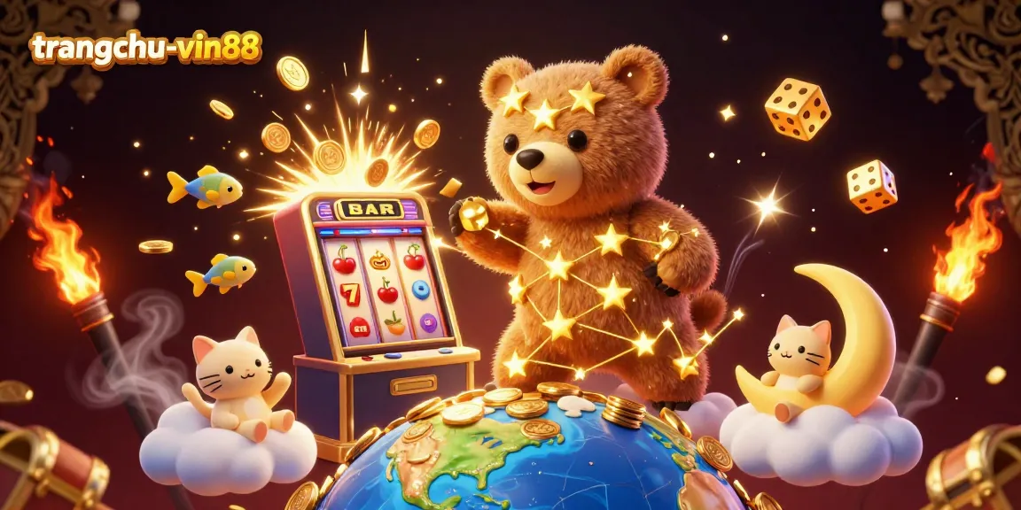 Engage with the vibrant action at trangchu-vin88 featuring a dazzling constellation bear and slot machine highs.