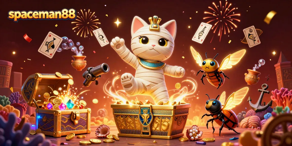 Experience vibrant action with spaceman88 in a dazzling casino scene featuring a mummy cat and a scarab beetle.