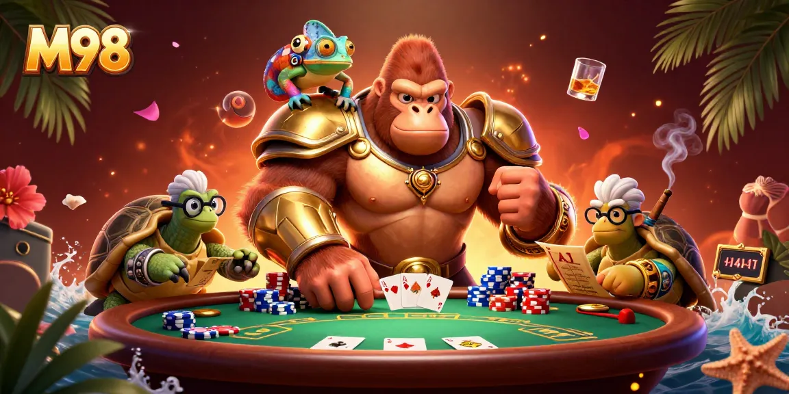 Engage in thrilling gameplay with M98, where the gorilla king leads the action at a vibrant poker table.