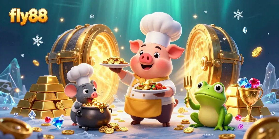 Experience the thrill at fly88 with a vibrant illustration of a casino scene featuring a chef pig and treasures.