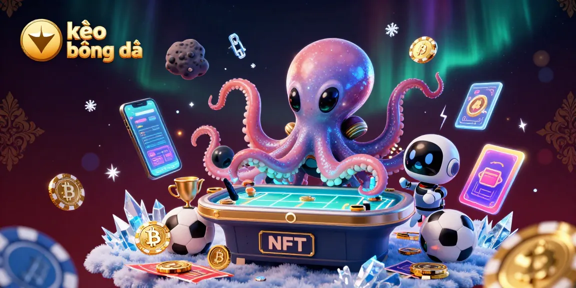 Engage in kèo bóng đá action as a cosmic octopus navigates a holographic sports betting table amidst vibrant crypto elements.