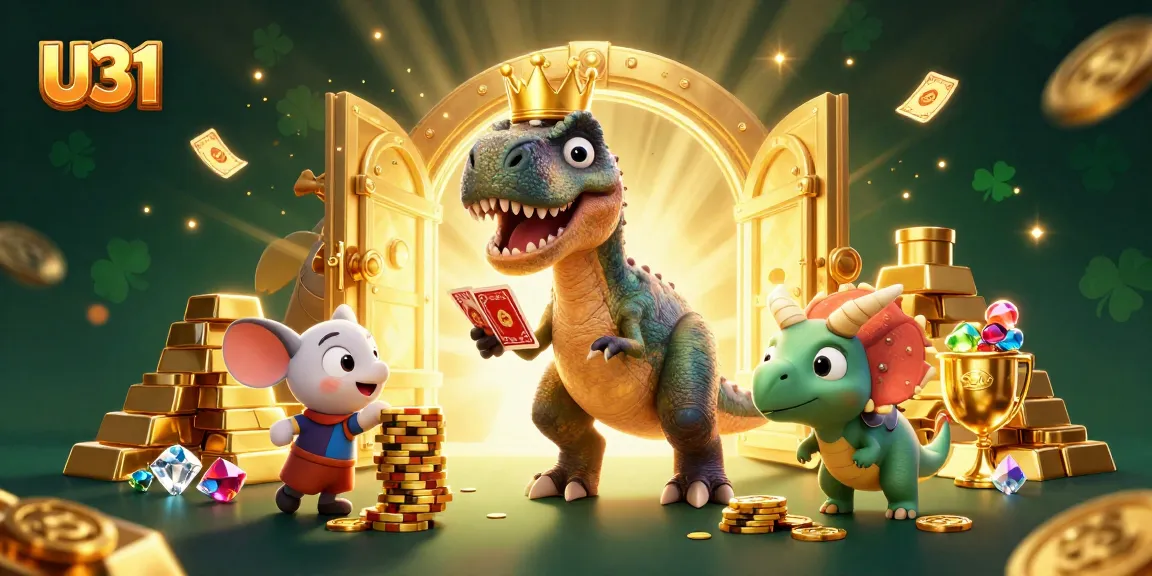 U31 showcases a 3D cartoon T-Rex shuffling cards alongside a pterodactyl and triceratops, all amidst a gold-rich casino scene.