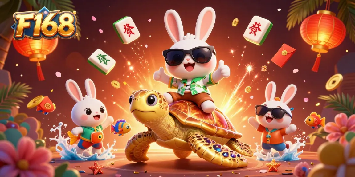 Experience the excitement of F168 with a 3D illustration showcasing a lucky rabbit and a golden turtle amidst colorful gaming elements.