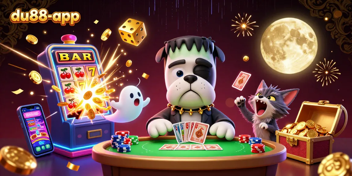 Play card games with the du88-app, featuring a bulldog dealer and exciting casino elements.