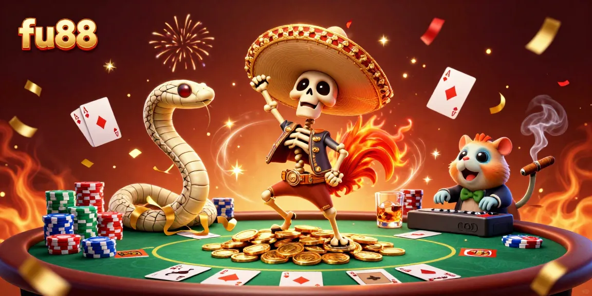 Win big at fu88 with a festive 3D illustration of a joyful casino scene filled with vibrant characters and game elements.